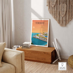 Tenerife travel poster print showcasing vibrant colors and coastal views, perfect for wall decor or as a gift.