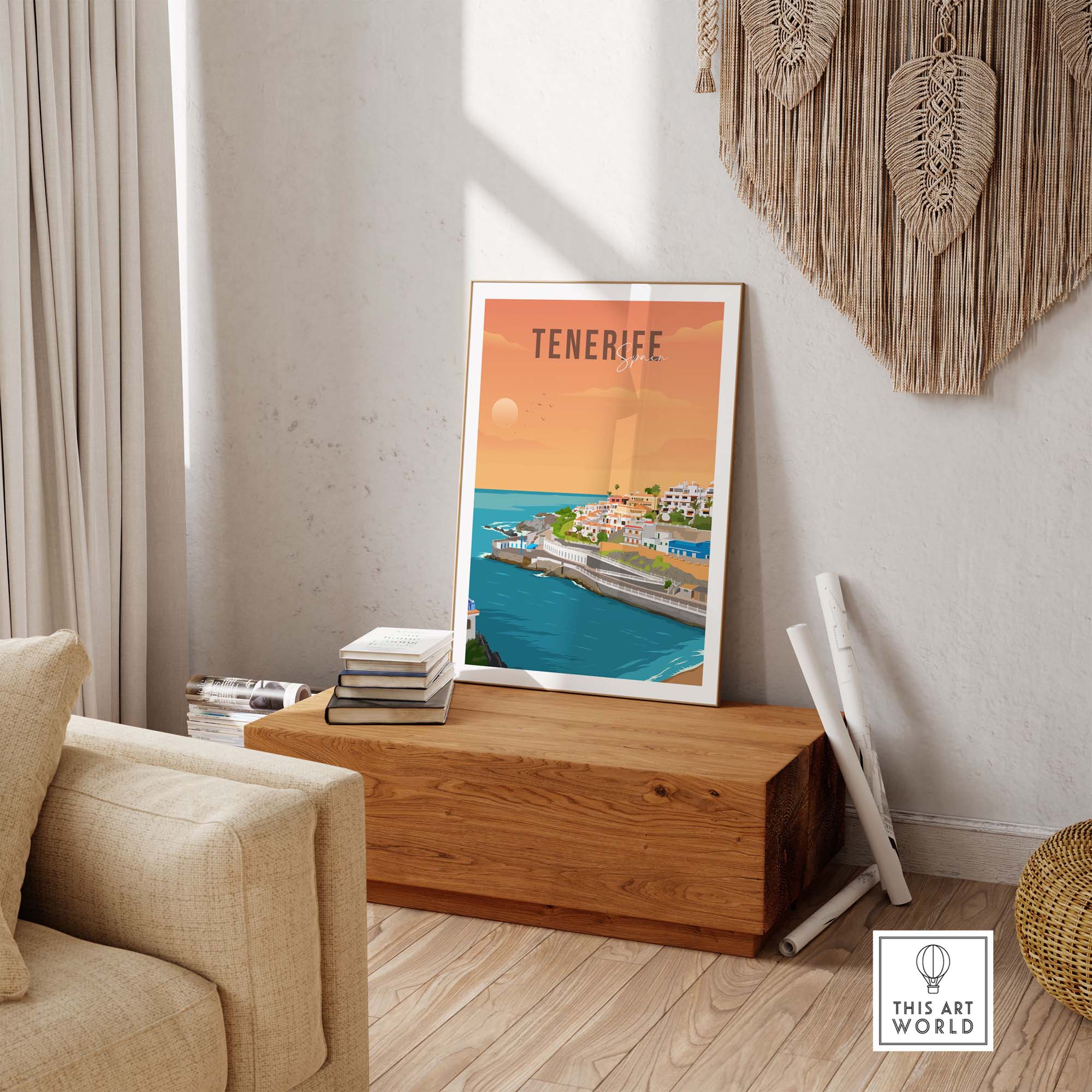 Tenerife travel poster print showcasing vibrant colors and coastal views, perfect for wall decor or as a gift.