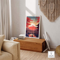 Tokyo Mount Fuji poster displayed in a cozy living room, capturing Japan's scenic beauty and travel nostalgia.