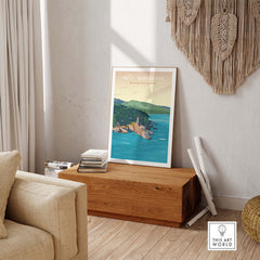 West Vancouver BC travel poster print featuring scenic coastline and vibrant colors, showcasing Canada's beauty.
