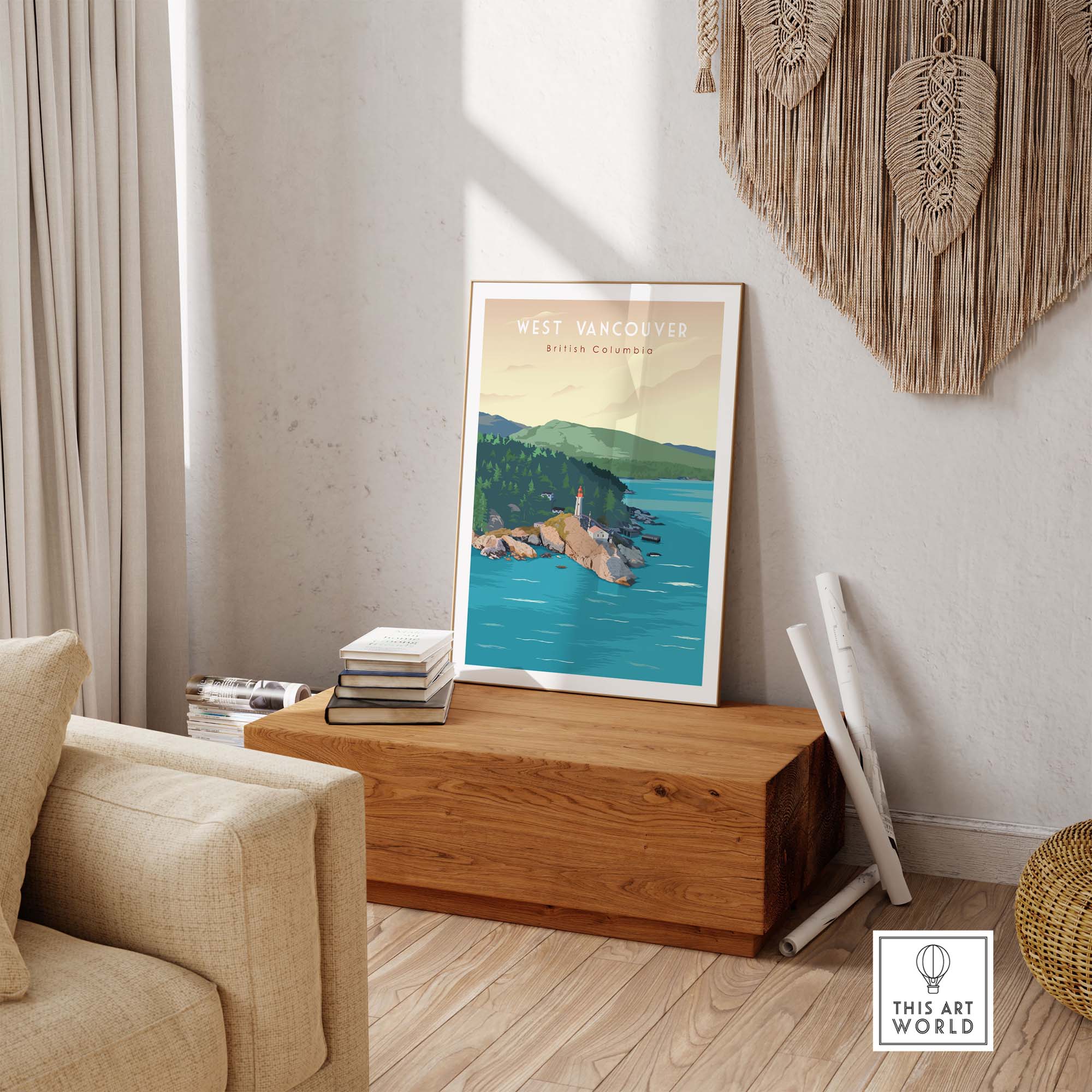 West Vancouver BC travel poster print featuring scenic coastline and vibrant colors, showcasing Canada's beauty.