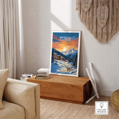 Whistler Poster with sunset view of Whistler Ski Resort, Canada, displayed in cozy room. Perfect ski enthusiast gift. Ski Poster.