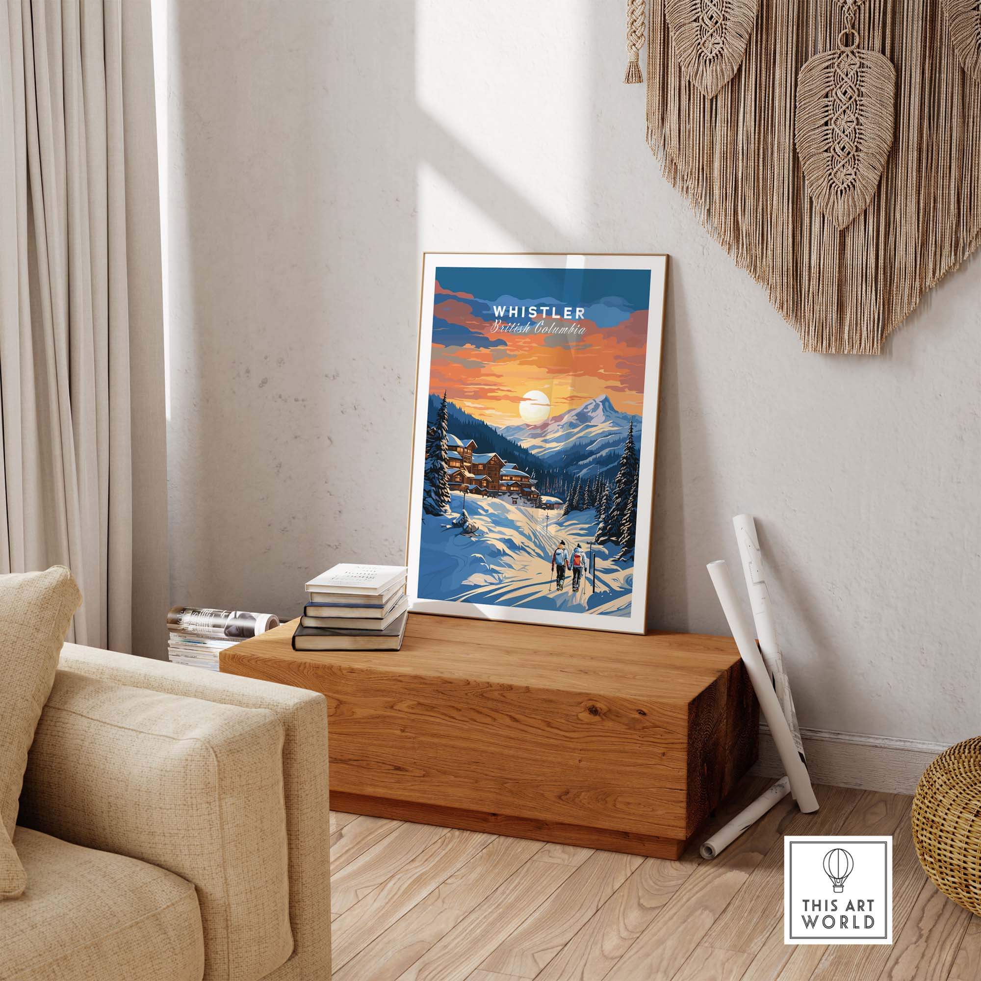 Whistler Poster with sunset view of Whistler Ski Resort, Canada, displayed in cozy room. Perfect ski enthusiast gift. Ski Poster.