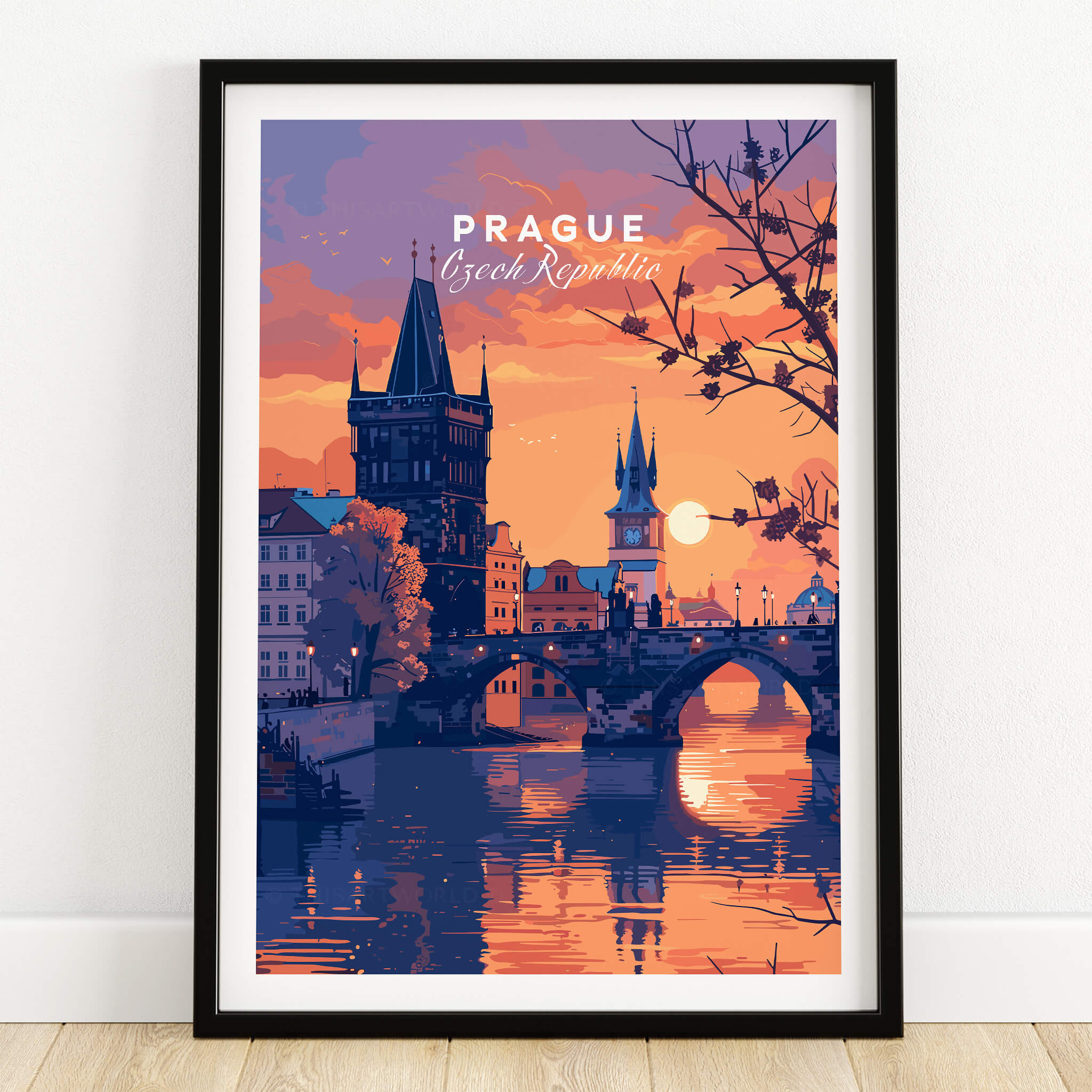 Prague Poster featuring a stunning sunset over the city, perfect for home decor and travel enthusiasts.