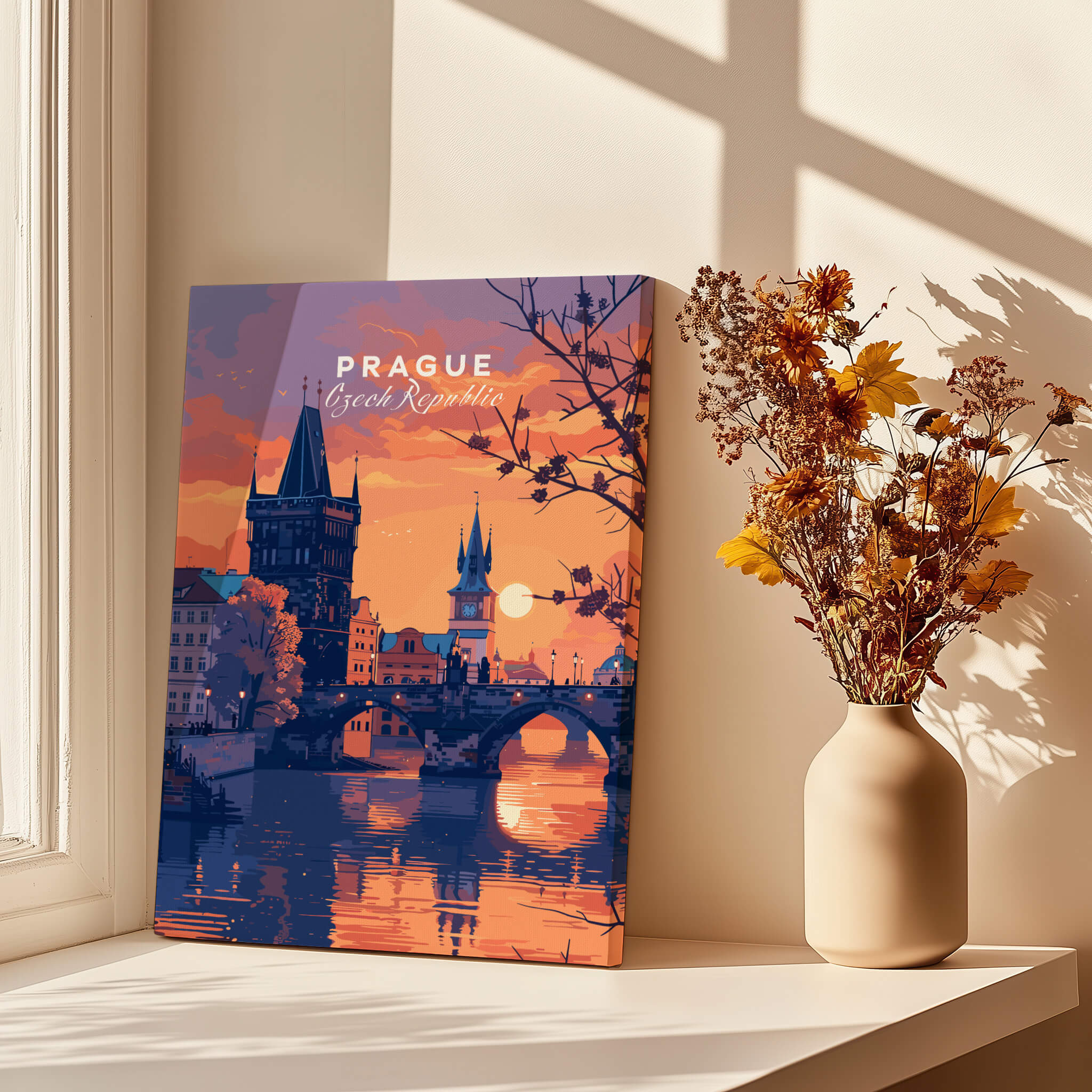 Prague Poster showcasing a stunning sunset view of the city with historic buildings and reflections in water.