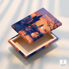 Prague Poster design on a decorative box showcasing a sunset over Prague's skyline.