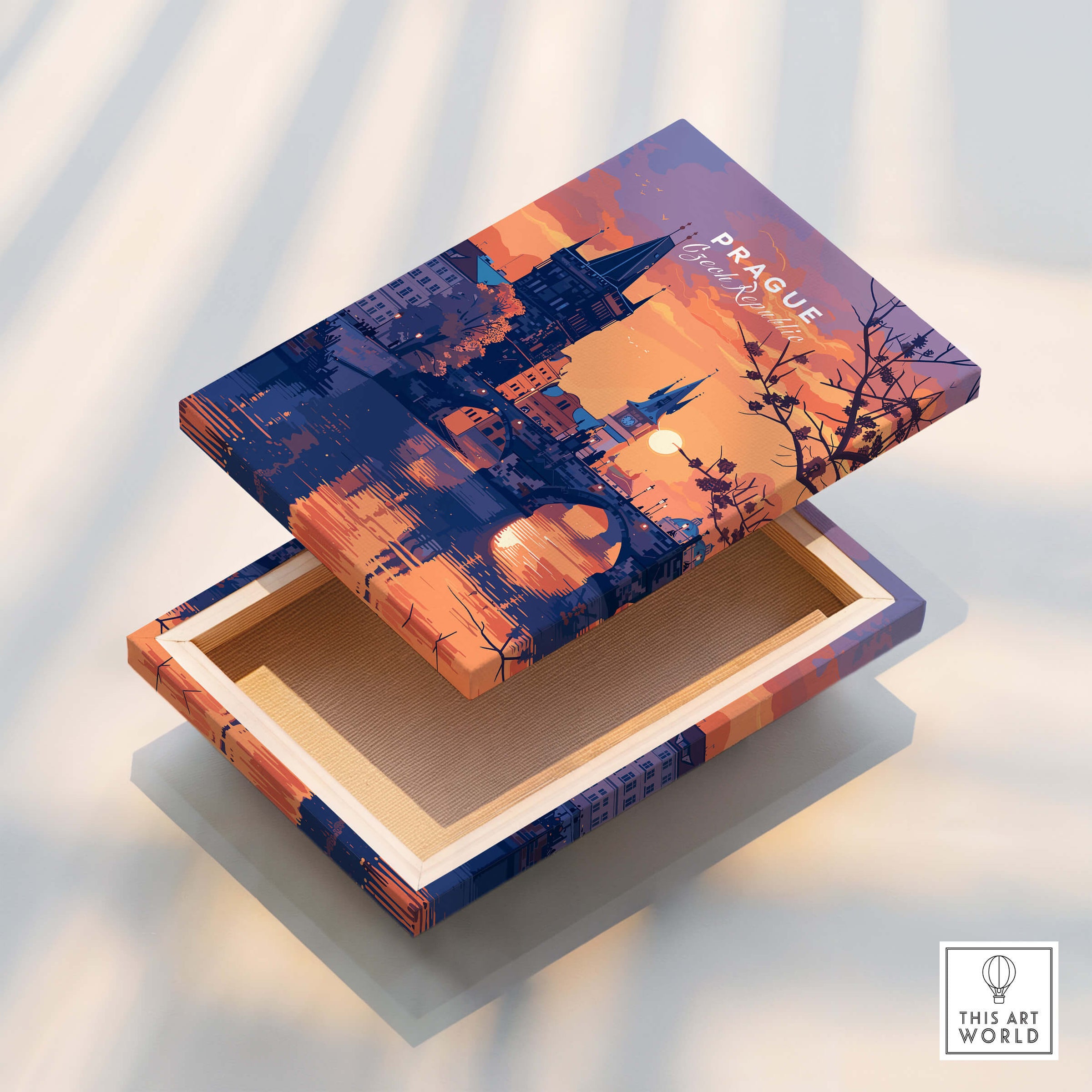 Prague Poster design on a decorative box showcasing a sunset over Prague's skyline.