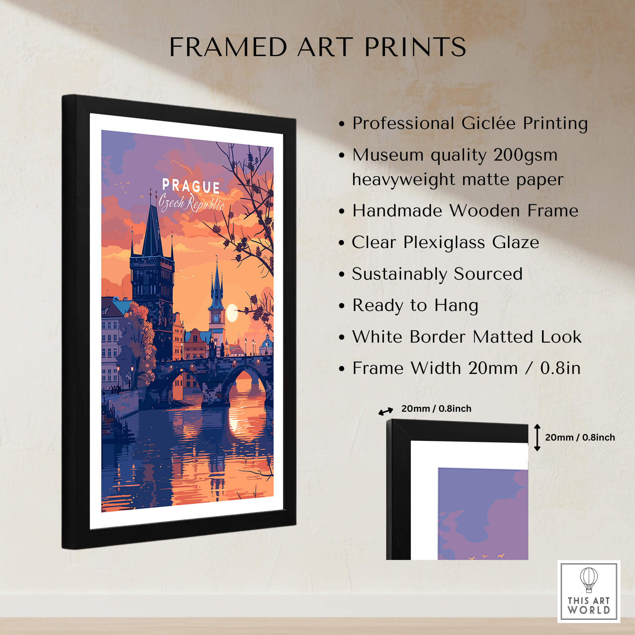 Prague Poster framed art print featuring sunset over the city with wooden frame and museum quality printing.