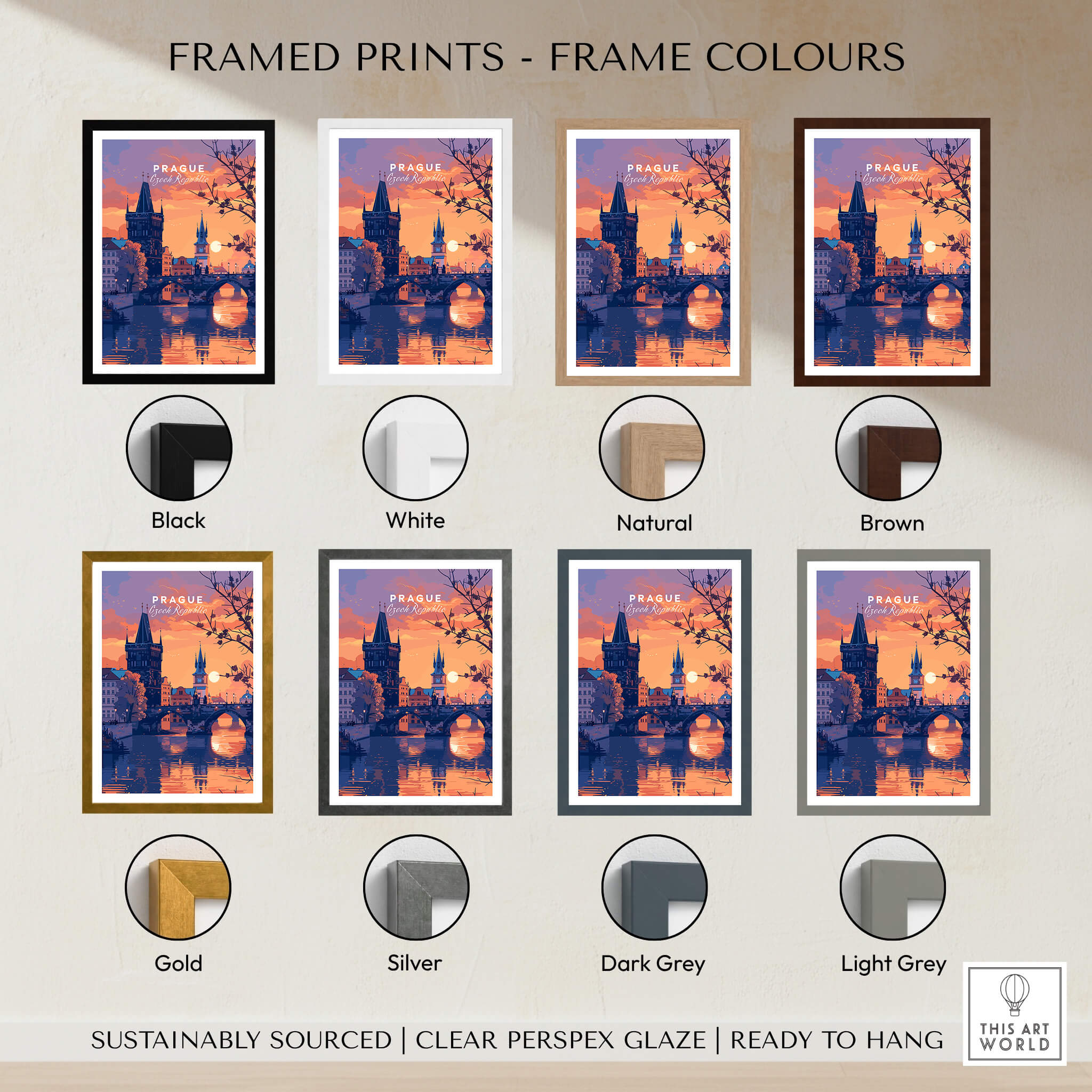 Prague Poster framed in various colors: black, white, natural, brown, gold, silver, dark grey, light grey.
