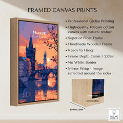 Prague Poster framed canvas print featuring a sunset view of the city with wooden frame and high-quality printing.
