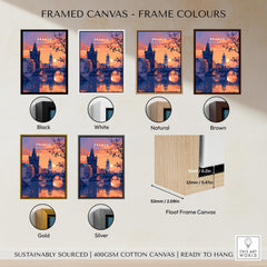 Prague Poster in various frame colors including black, white, natural, brown, gold, and silver with elegant sunset design.