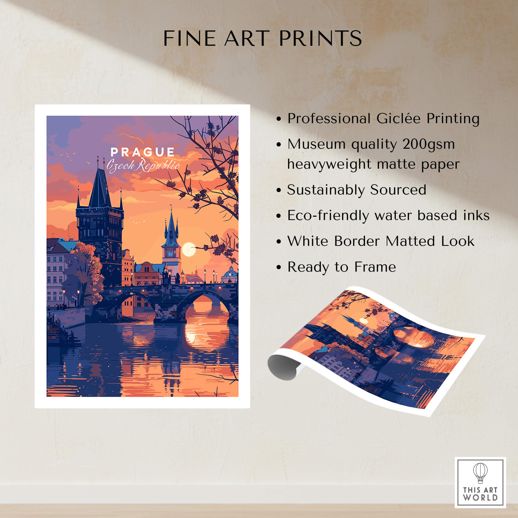 Prague Poster showcasing a stunning sunset over the city, beautifully framed and ready to enhance any room.