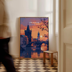 Prague Poster featuring a stunning sunset view of the city, perfect for adding sophistication to any room.
