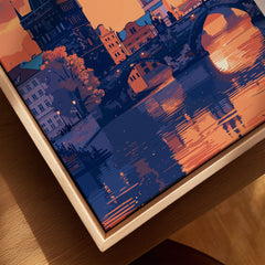 Prague Poster showcasing a stunning sunset over the city with reflections on the river, perfect for home decor.