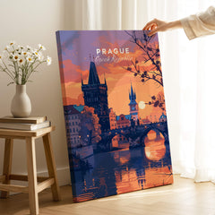 Prague Poster showcasing a sunset over the city with reflections on the water, adding sophistication to any room.