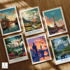 A collection of European travel posters, including a stunning Prague Poster featuring a sunset over the city.