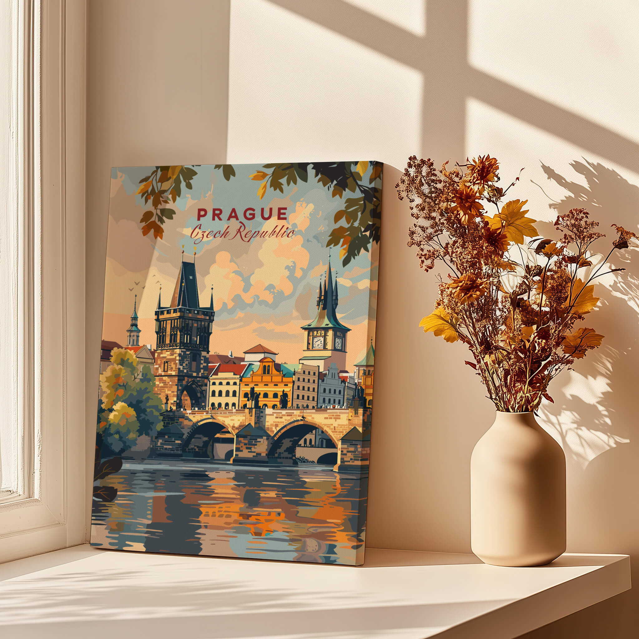 Prague Wall Art showcasing vibrant cityscape with historical architecture and colorful reflections in water.