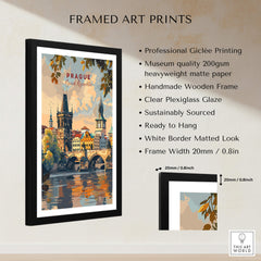 Framed Prague Wall Art featuring stunning city views, Giclée printing, and handmade wooden frame, ready to hang.