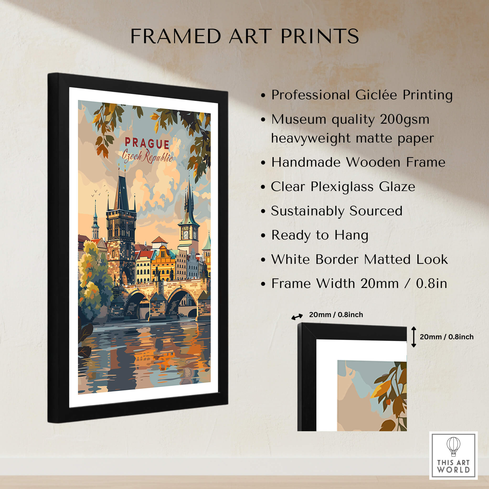 Framed Prague Wall Art featuring stunning city views, Giclée printing, and handmade wooden frame, ready to hang.