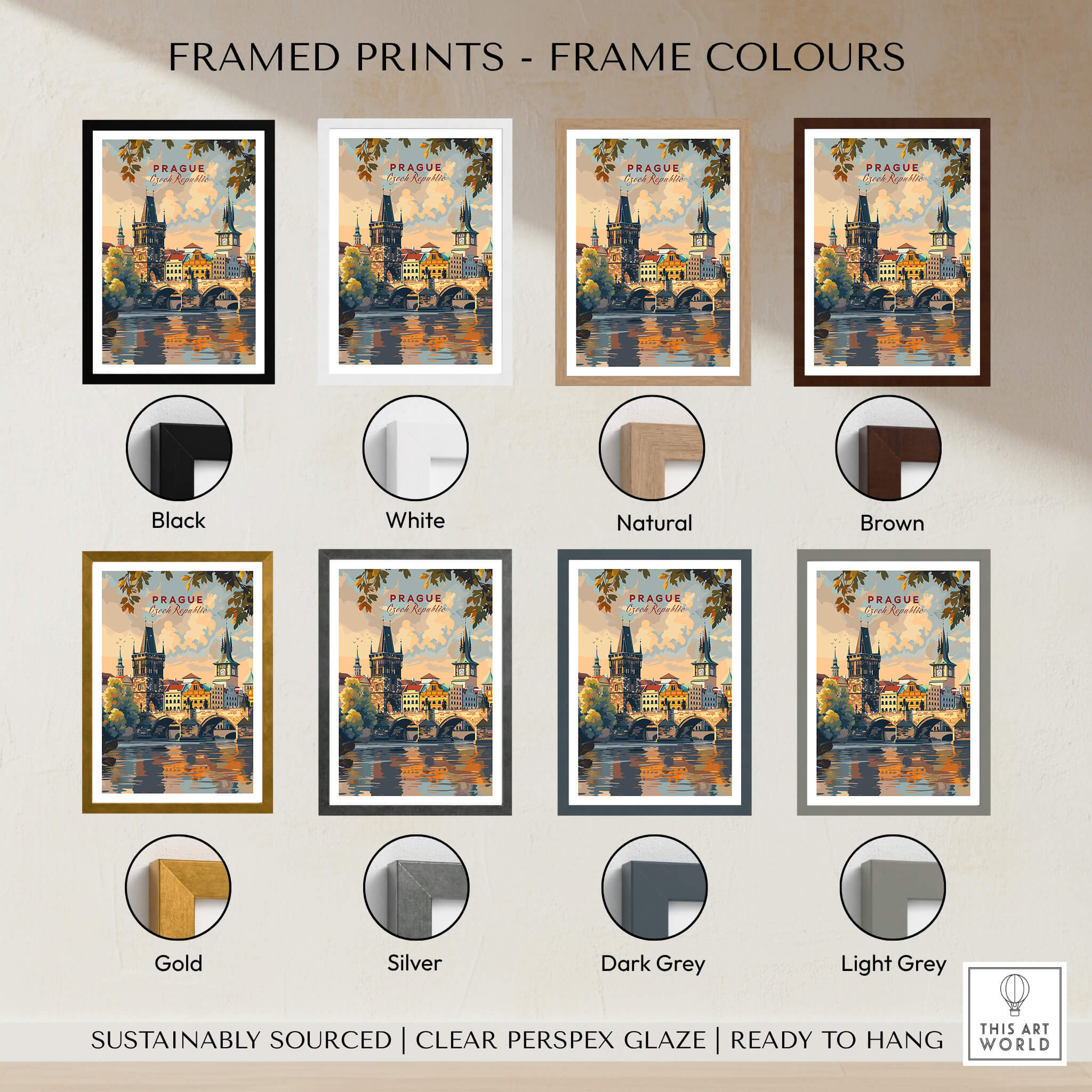 Prague Wall Art framed prints in various frame colors including black, white, natural, and brown.