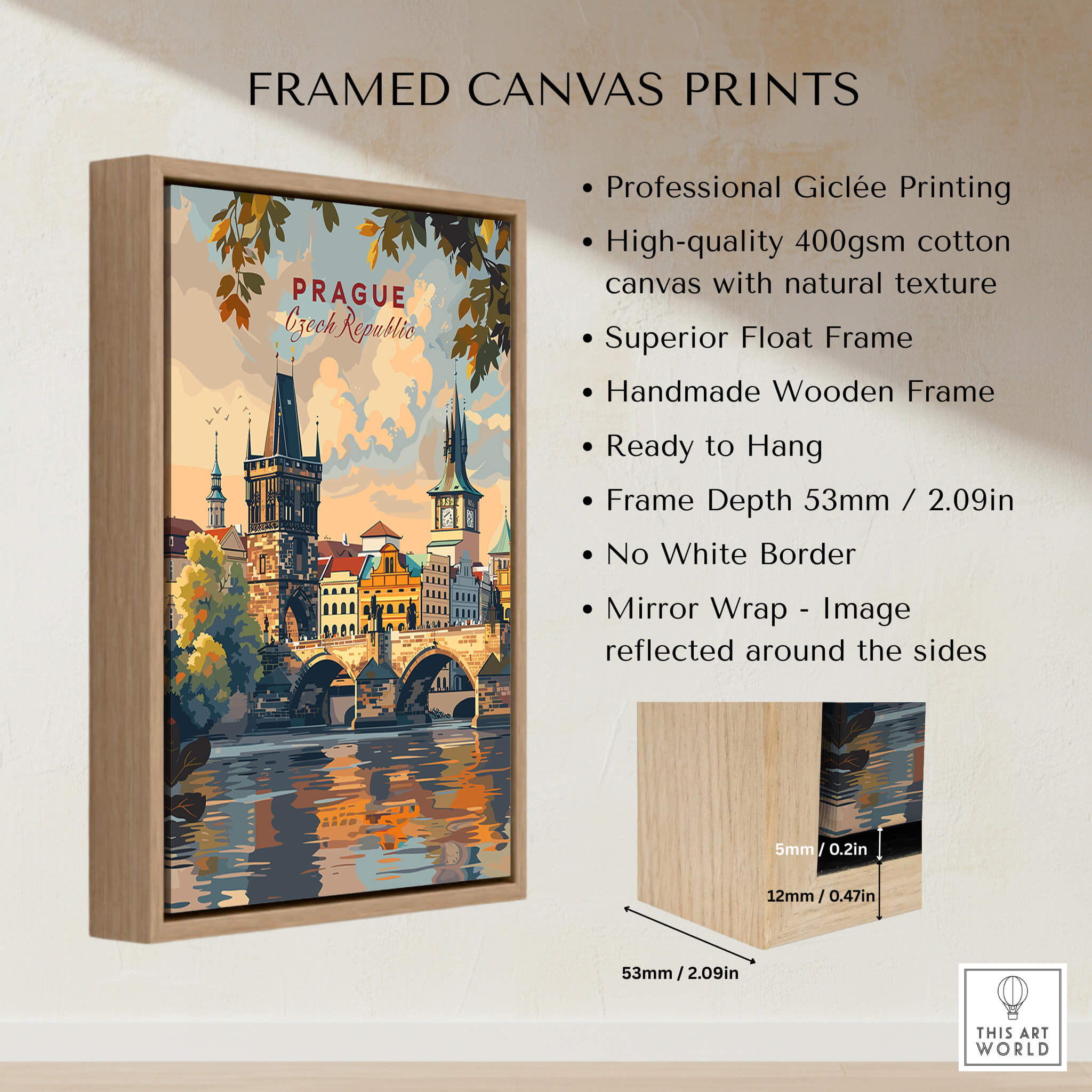 Prague Wall Art framed canvas print showcasing vibrant city views and detailed Giclée quality.
