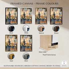 Prague Wall Art framed canvas options in various colors including black, white, natural, brown, gold, and silver.