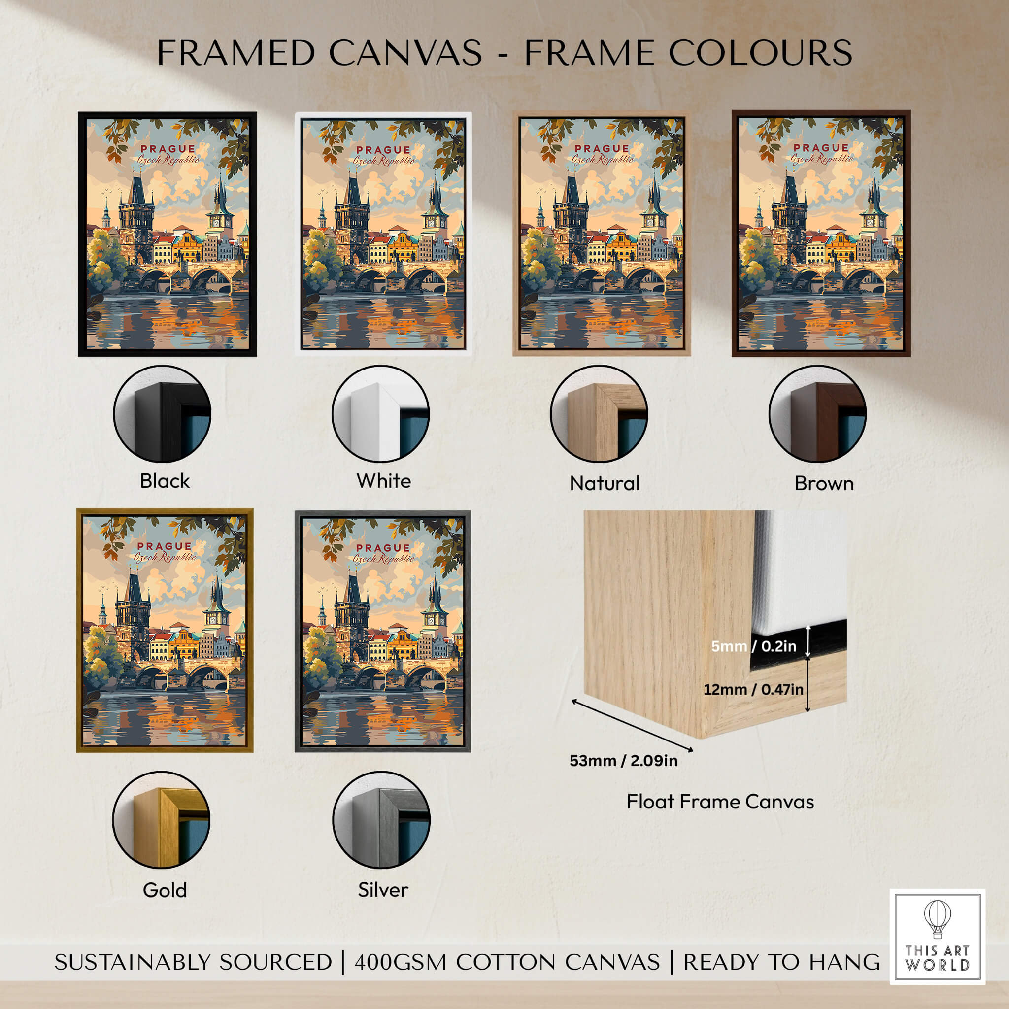 Prague Wall Art framed canvas options in various colors including black, white, natural, brown, gold, and silver.