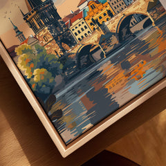 Prague Wall Art featuring vibrant views of the city and intricate details reflecting on the water.