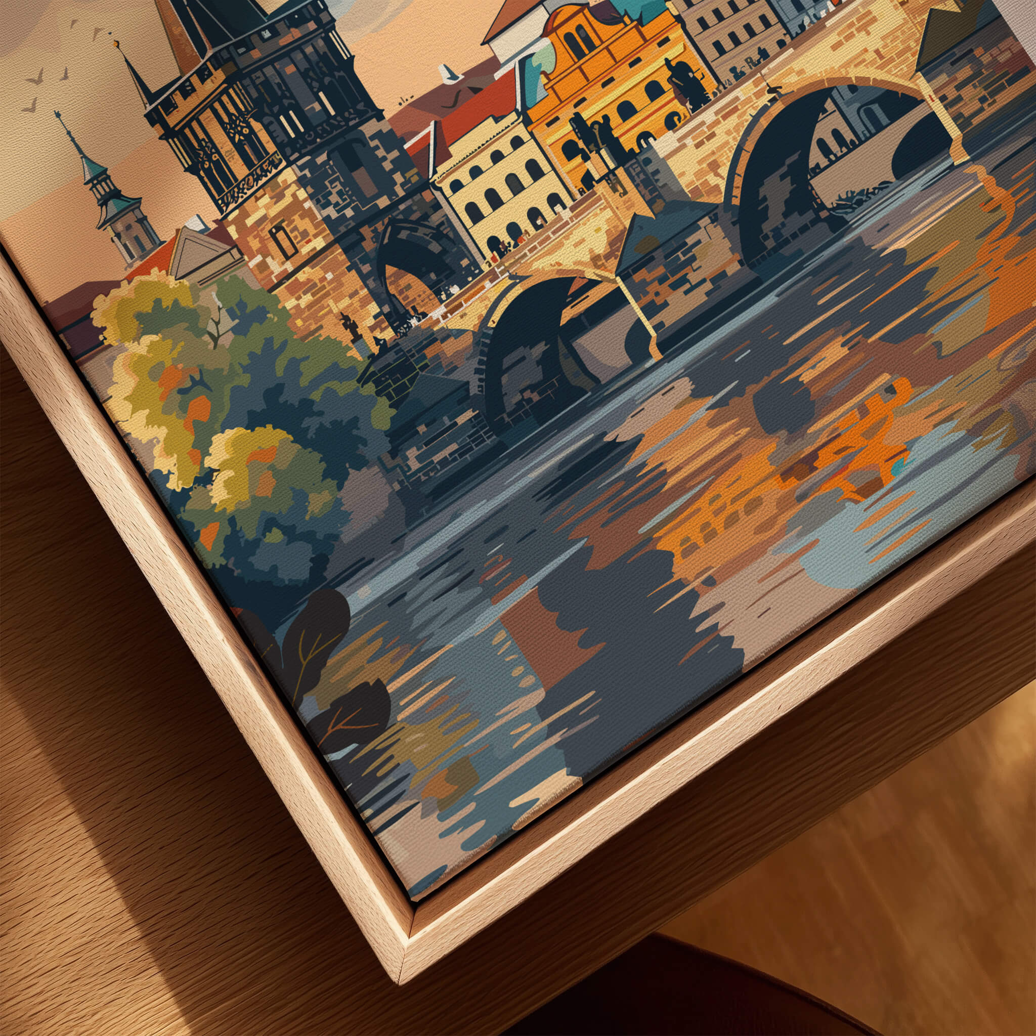 Prague Wall Art featuring vibrant views of the city and intricate details reflecting on the water.