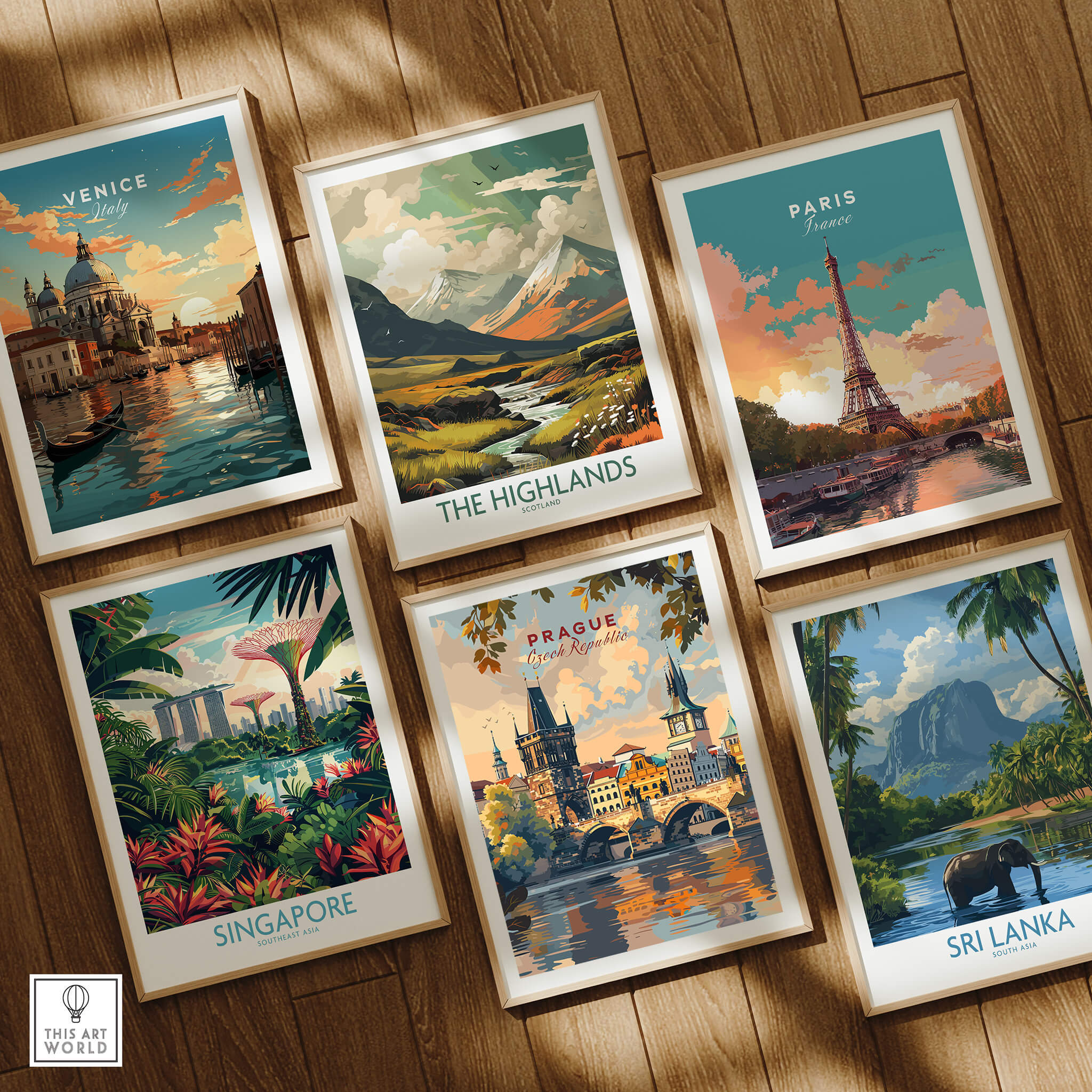 Prague Wall Art featuring stunning city views among various travel posters in a vibrant artistic display.