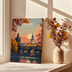 Prague Art Print showcasing the iconic architecture and charm of Prague under a warm sunset, perfect for home decor.