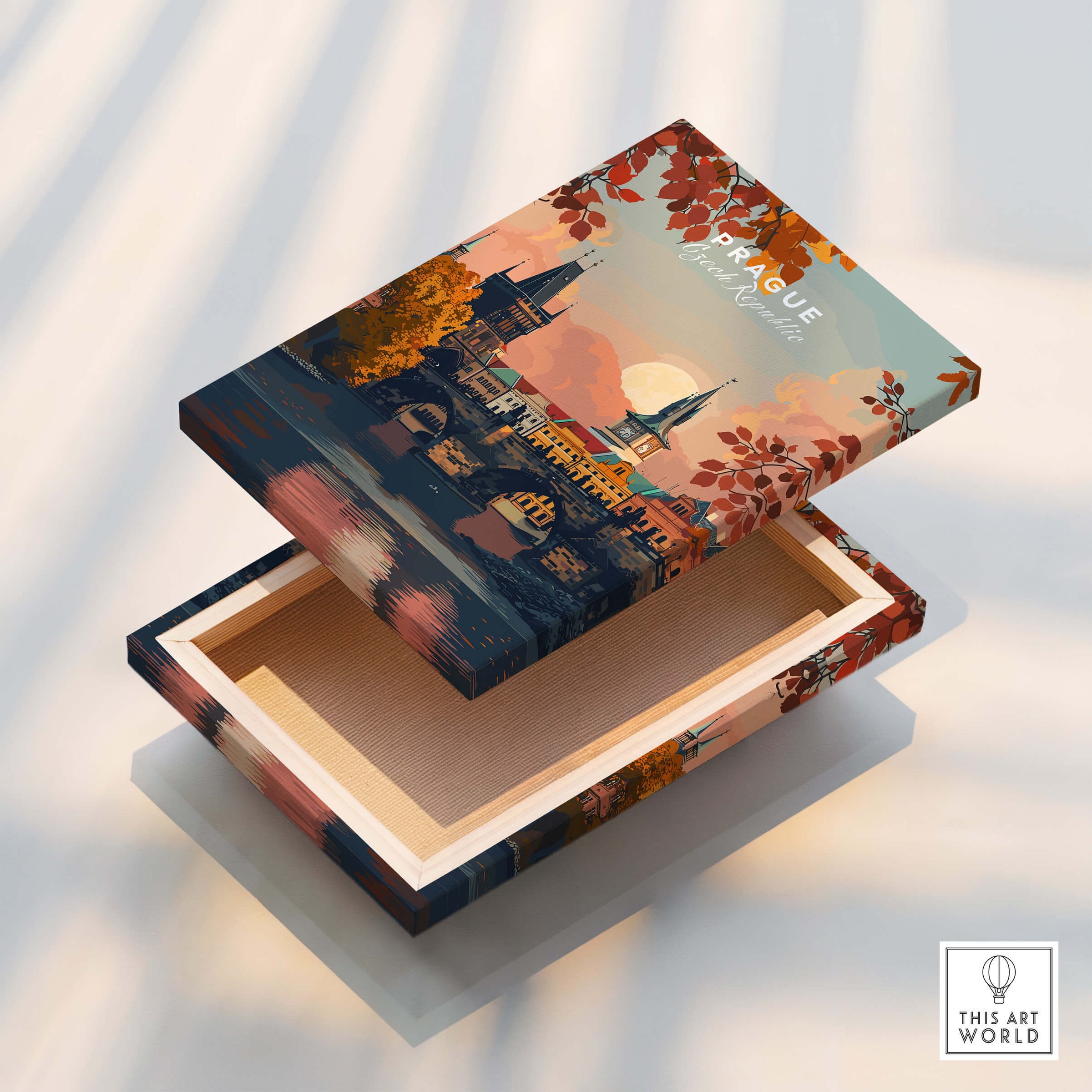 Prague Art Print decorative box showcasing Prague's skyline and sunset in vibrant colors.