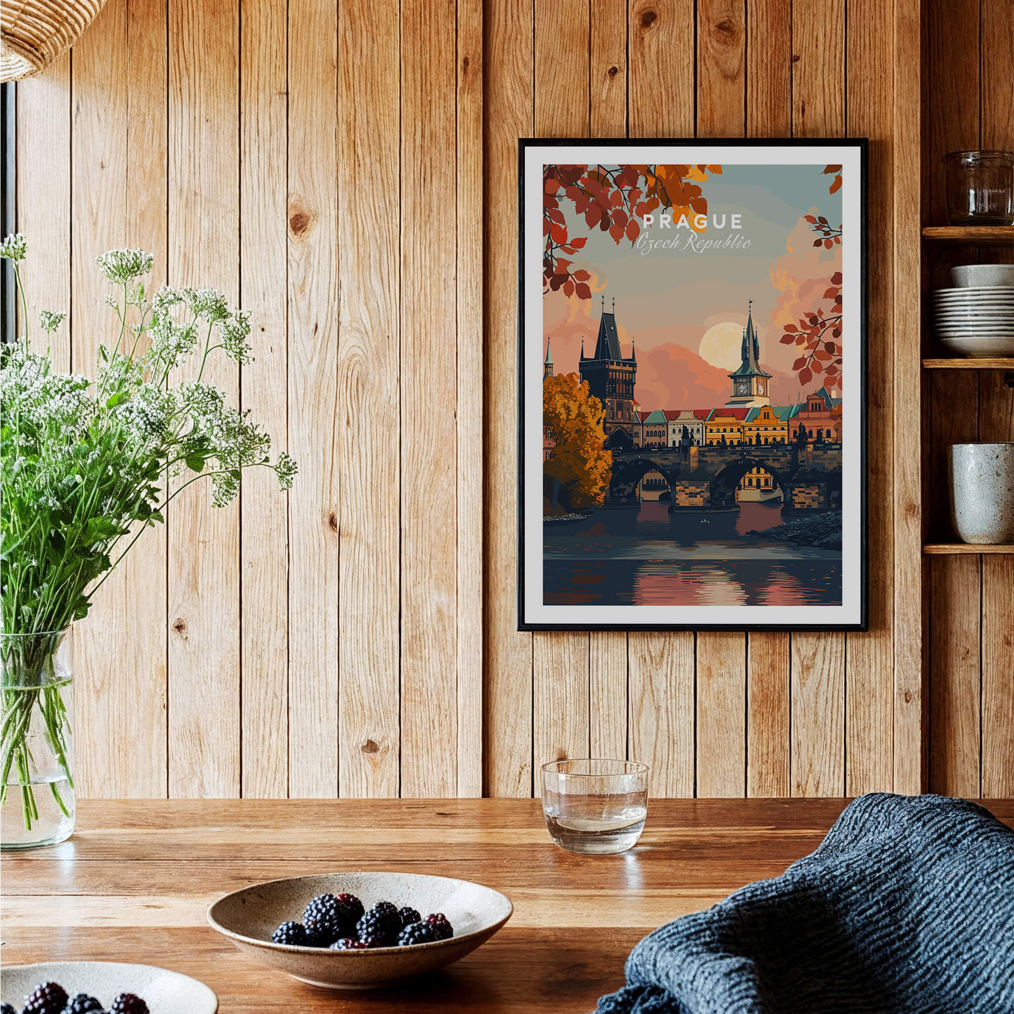 Prague Art Print displayed in a cozy room with wooden walls and decor, showcasing the city's beautiful skyline.