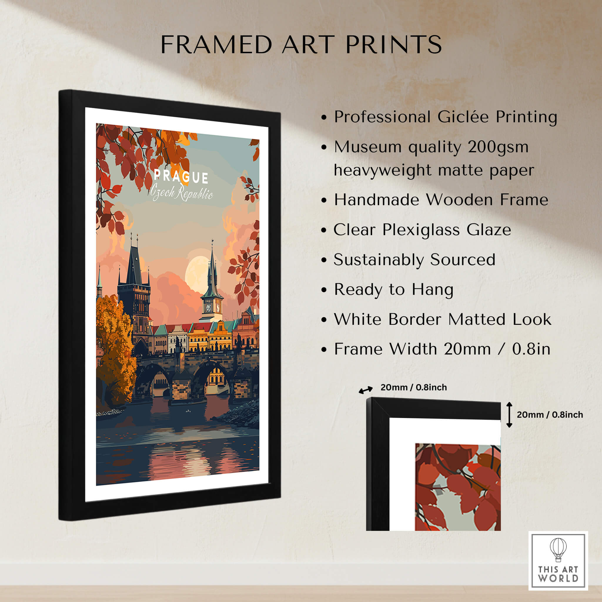 Prague Art Print framed, featuring professional Giclée printing and museum quality paper, showcasing Prague's architecture.