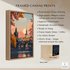 Framed canvas print featuring Prague Art Print showcasing the city's architecture in vibrant colors.