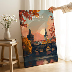 Prague Art Print showcasing the city's skyline with autumn leaves and sunset, perfect for home decor.