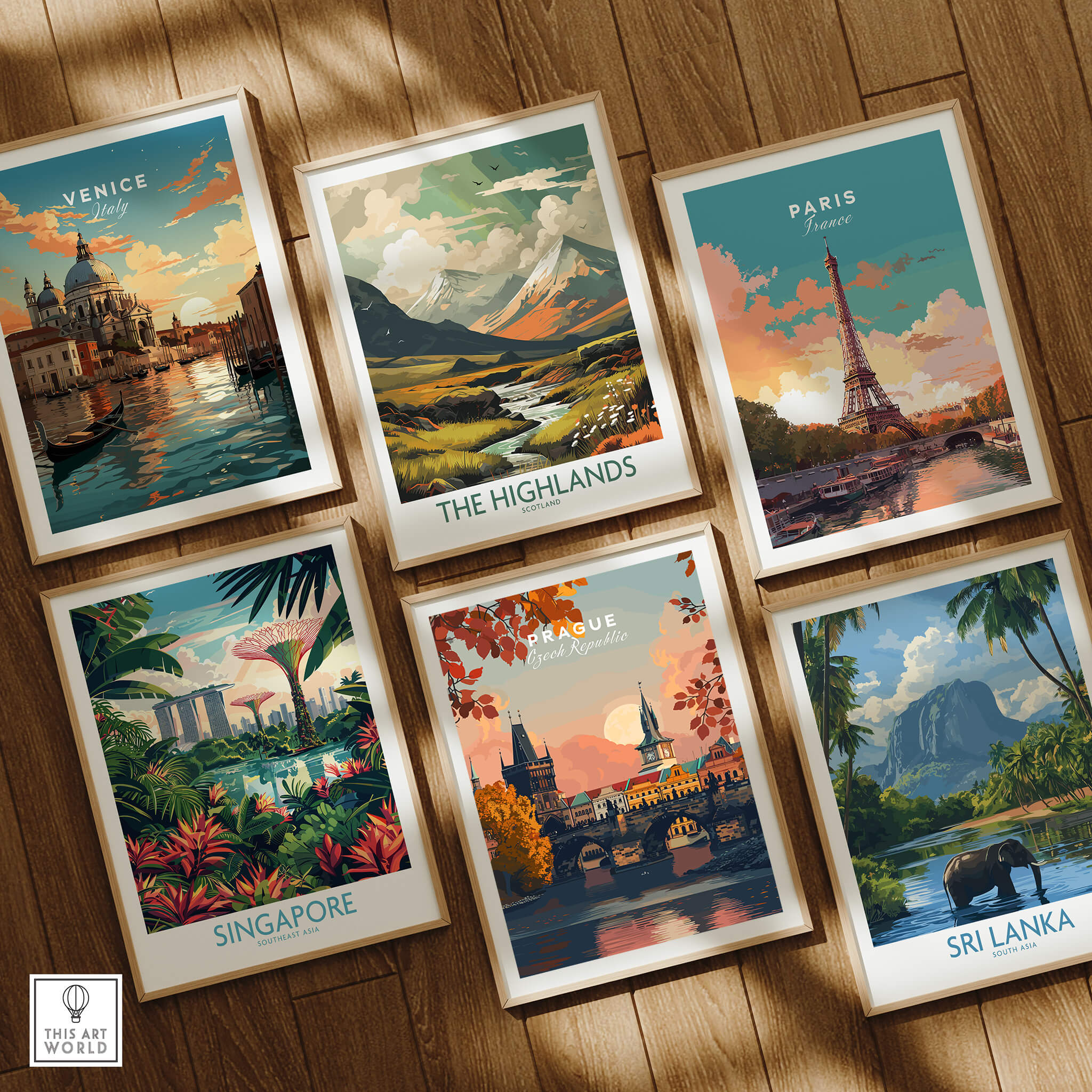 Collection of travel art prints featuring Venice, Paris, The Highlands, Singapore, Prague, and Sri Lanka.