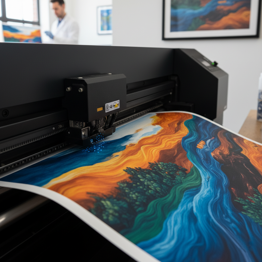 Professional giclee printer producing colorful landscape wall art print