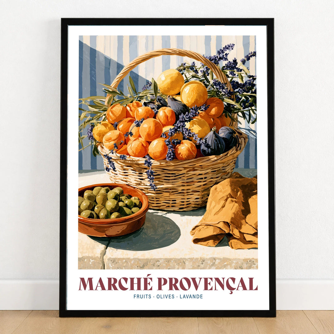 Provencal Market French Kitchen Wall Art - art print in black frame on wooden floor