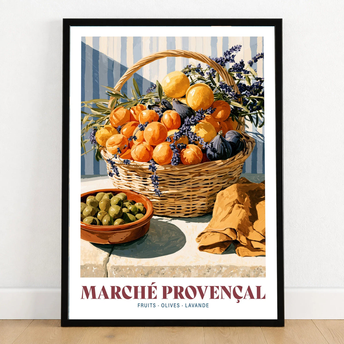 Provencal Market French Kitchen Wall Art - art print in black frame on wooden floor