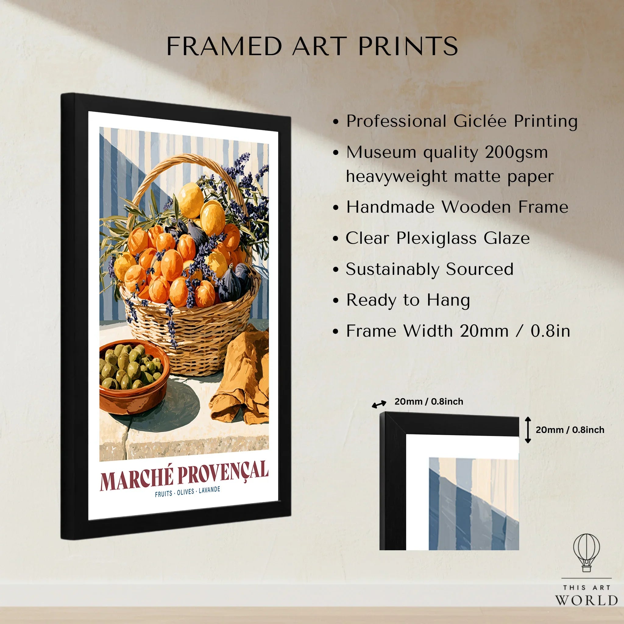 Provencal Market French Kitchen Wall Art - framed print details measurements quality details