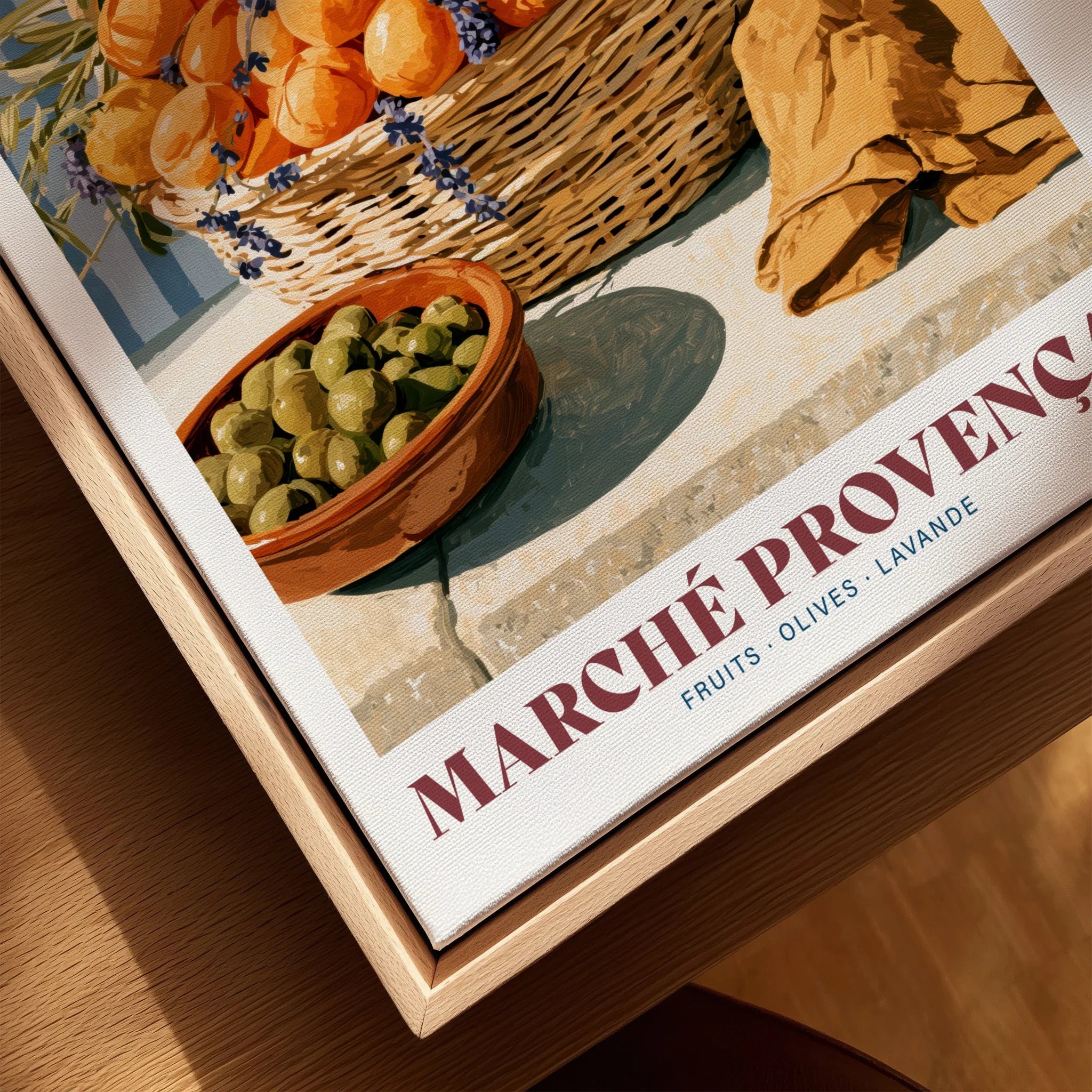 Provencal Market French Kitchen Wall Art - closeup framed canvas natural wood floating frame