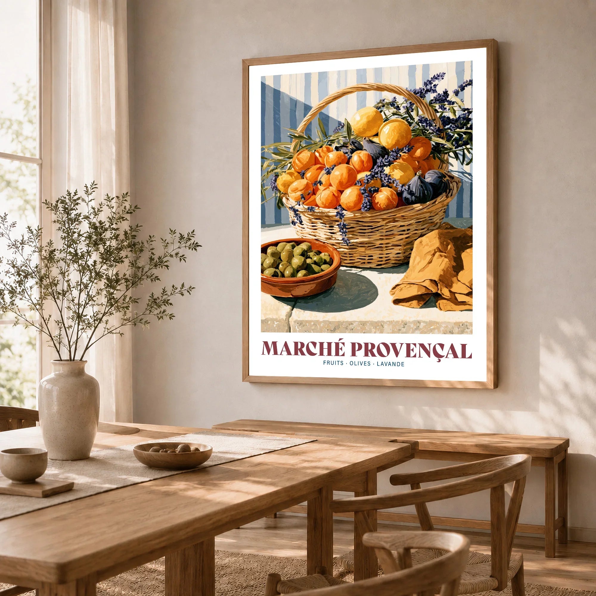 Provencal Market French Kitchen Wall Art - dining room framed print natural wood frame mockup ThisArtWorld