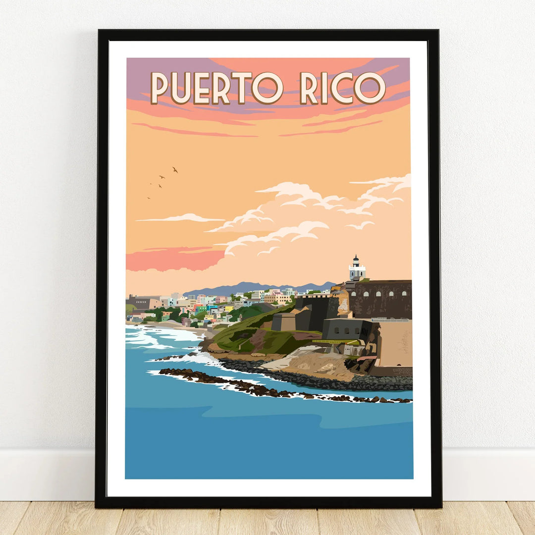 Puerto Rico travel poster with coastal cityscape, lighthouse, and sunset sky for wall art decor