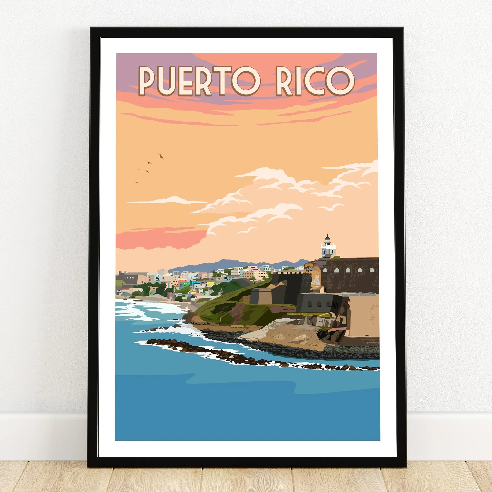Puerto Rico travel poster with coastal cityscape, lighthouse, and sunset sky for wall art decor