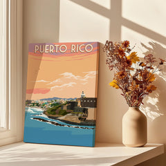 Puerto Rico travel poster print with coastal cityscape, lighthouse, and sunset, perfect for wall art decor