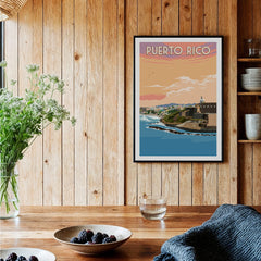 Puerto Rico travel poster wall art with coastal cityscape, perfect for home decor