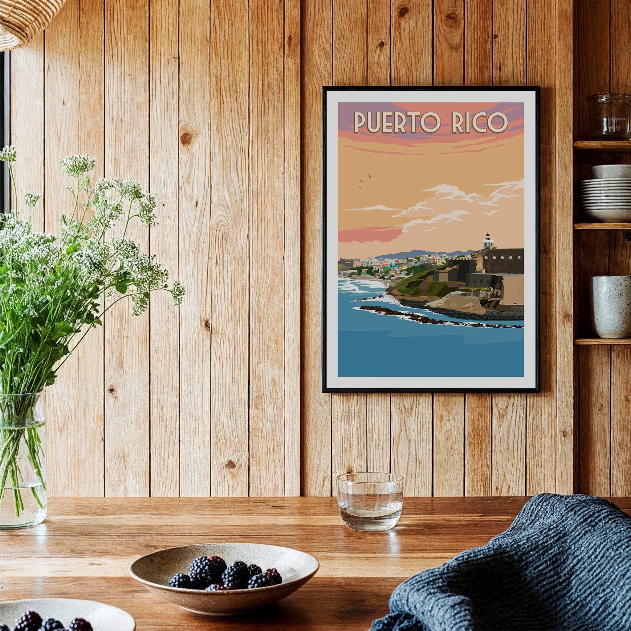 Puerto Rico travel poster wall art with coastal cityscape, perfect for home decor