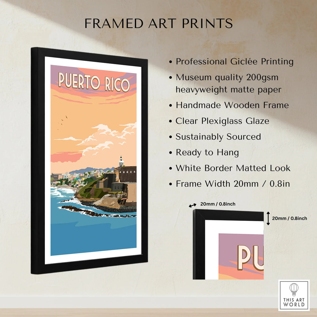 Puerto Rico travel poster art print in black frame, coastal cityscape with sunset sky, ideal wall decor