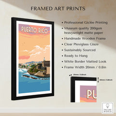 Puerto Rico travel poster art print in black frame, coastal cityscape with sunset sky, ideal wall decor